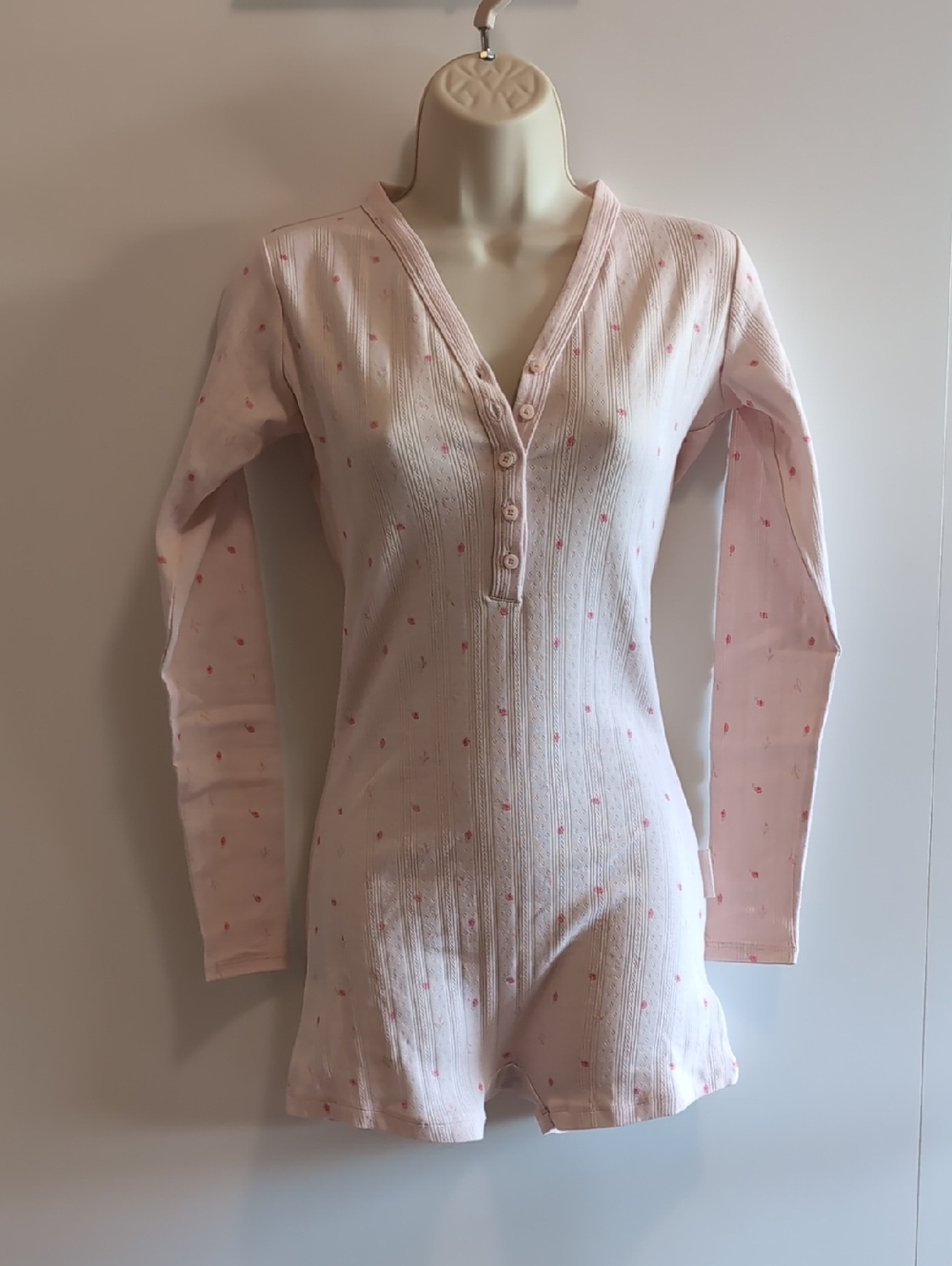 Women’s Pink Long-Sleeve Henley Romper Pajama
